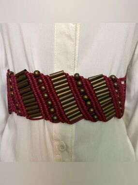Burgundy elastic waistband belt with brass tone details